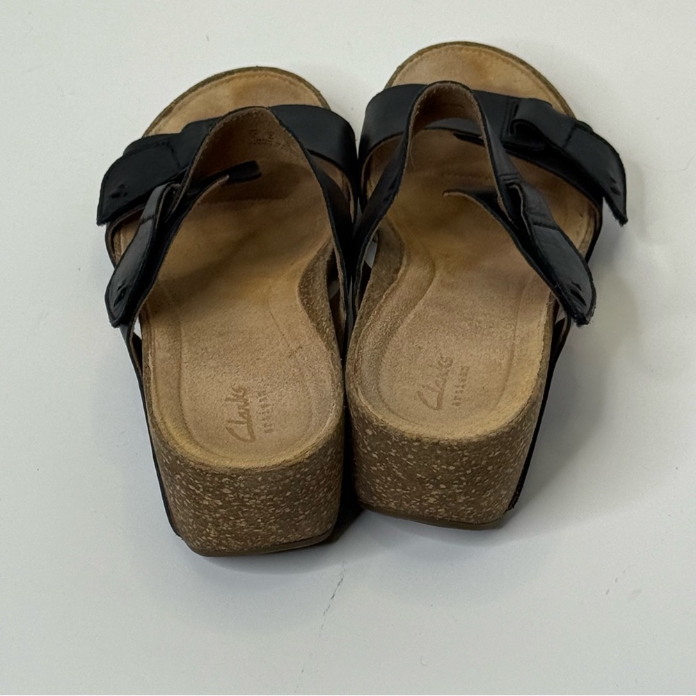Clarks Black Wedge Sandals Leather Two-Strap Design with Adjustable Buckles 9 - Picture 3 of 9